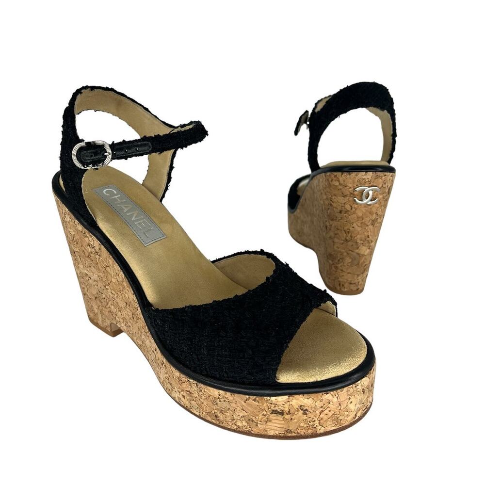 CHANEL Black and Gold Wedge Sandals